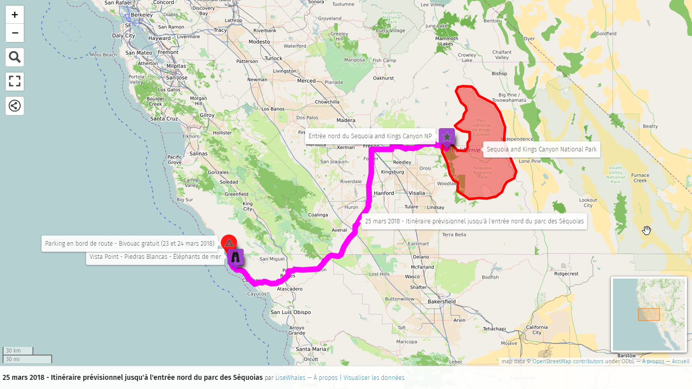 Carte : Itinéraire prévisionnel jusqu'à l'entrée nord du parc des Séquoias