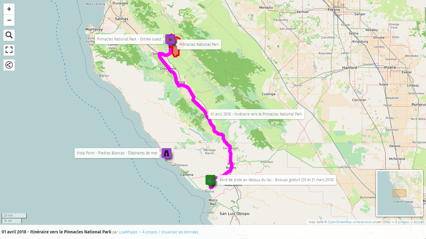 Carte : Itinéraire vers le Pinnacles National Park