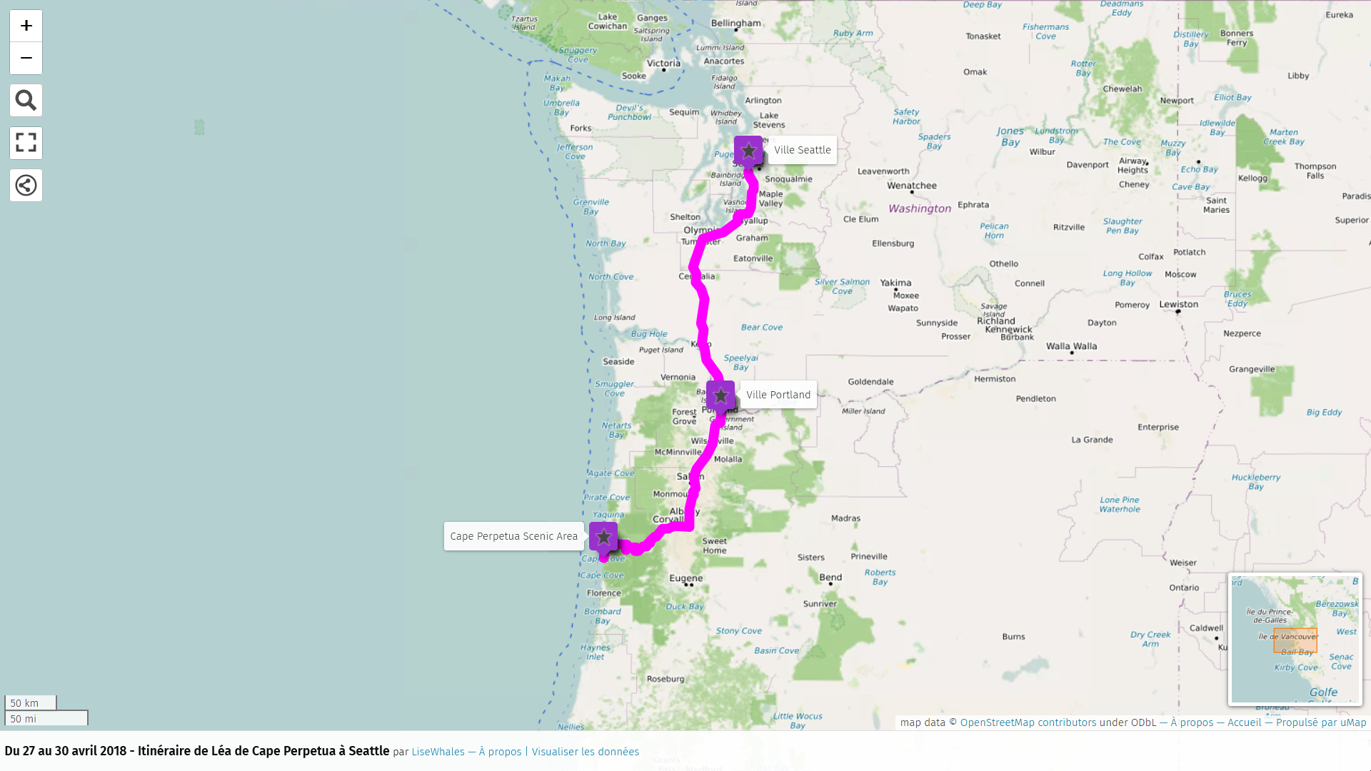 Carte : Itinéraire de Léa de Cape Perpetua à Seattle